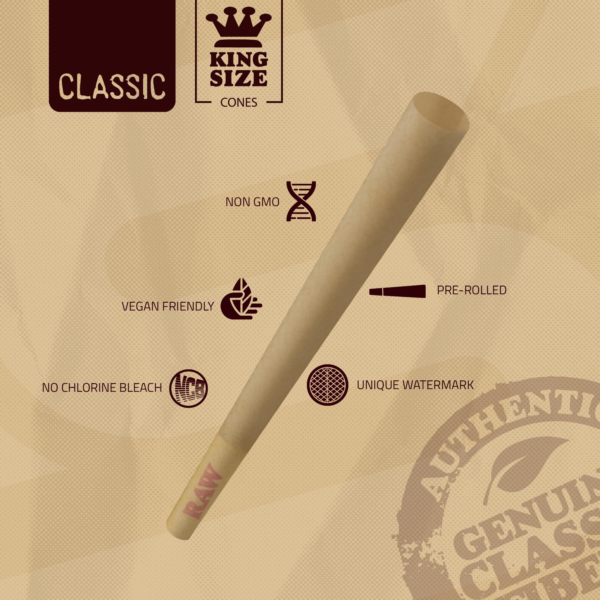 RAW Cones Classic King Size - 50 Pack - Slow Burning Pre Rolled Cones made of Paper with Tips & Packing Tubes Included