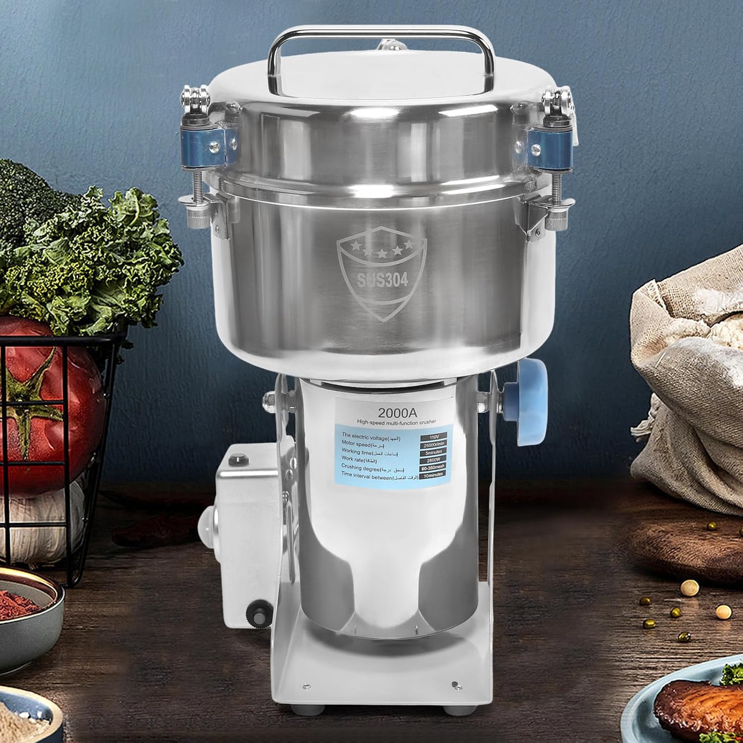 Commercial Electric Grinder, 2000g Electric Herb Grain Spice Grinder Stainless Steel Grinding Machine 270° Swing Type Power Mill Grinder 60-350 Mesh
