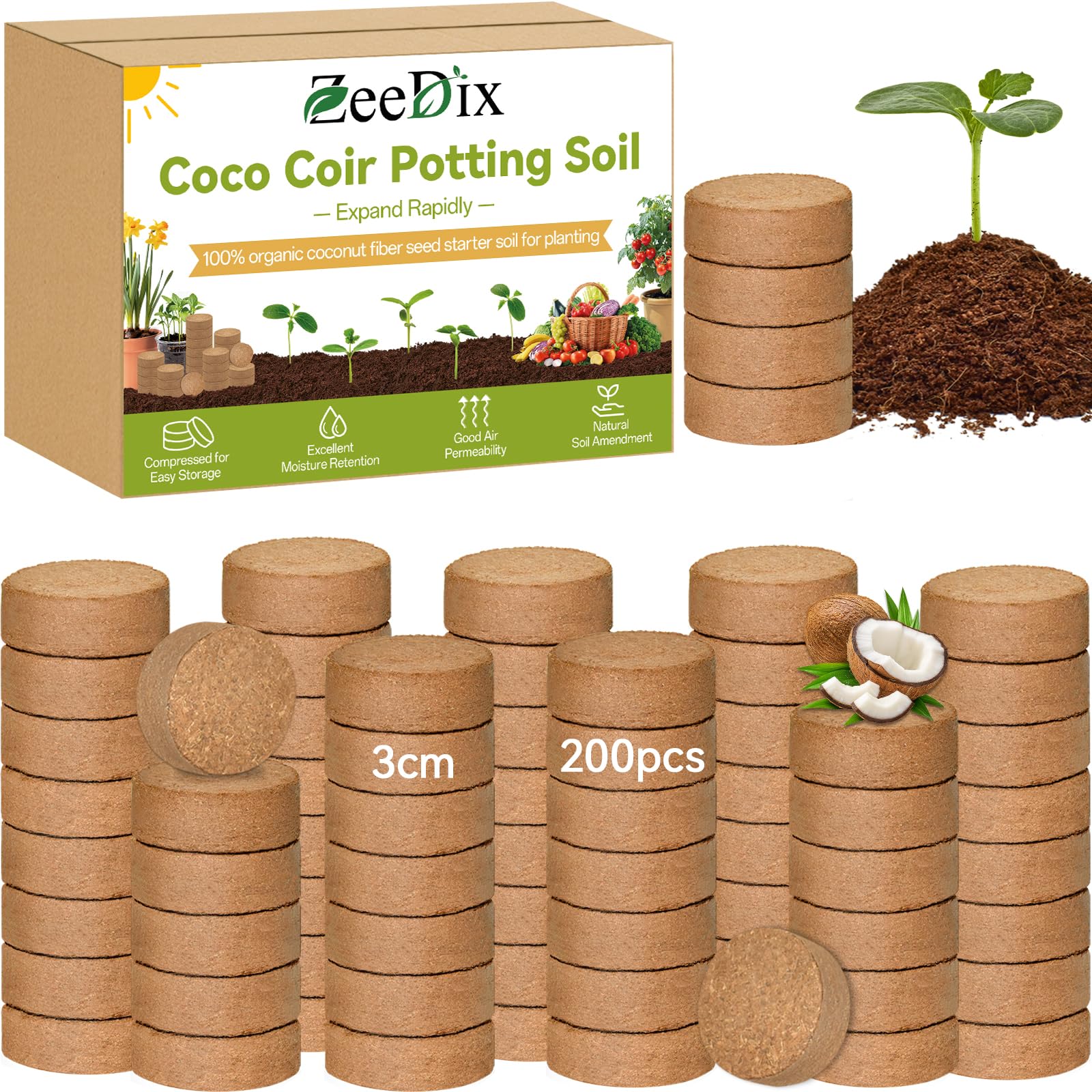 100 Pack 30mm Organic Coco Coir Pellets Seed Starter Soil | Low EC, pH Balance, Potting Soil Mix, Indoor Outdoor Plants, Herbs Houseplants Bonsai Vegetables Flowers