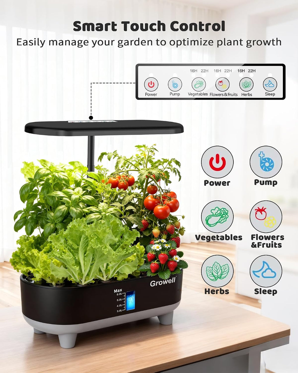 Growell 16 Pods Hydroponics Growing System Kit with 3 Light Modes & 2 Timer | Smart Water Circulation, LED Grow Light, 8L Large Water Tank, Coutertop, Indoor Herb Garden, Perfect Gardening Gifts, Black