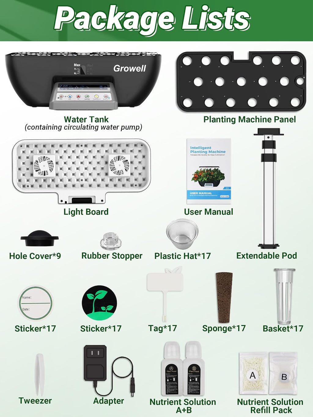 Growell Hydroponics Growing System Kit, 17 Pods Herb Garden with 102 28W Full-Spectrum Grow Lights & 2 Fans, Indoor Garden with Water Pump, 10L Water Tank, Auto Timer, Height Adjustable (Black & Grey)