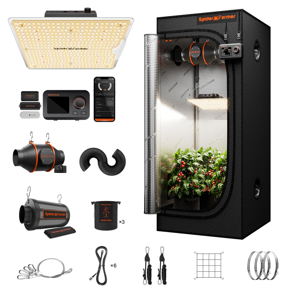 Spider Farmer Grow Tent Kit 2.3 X 2.3ft Complete System with GGS Controller | G1500 150W Dimmable Full Spectrum LED Grow Light, 28"X28"X63" Indoor 1680D Mylar Grow Tent, 4" Ventilation Carbon Filter Set