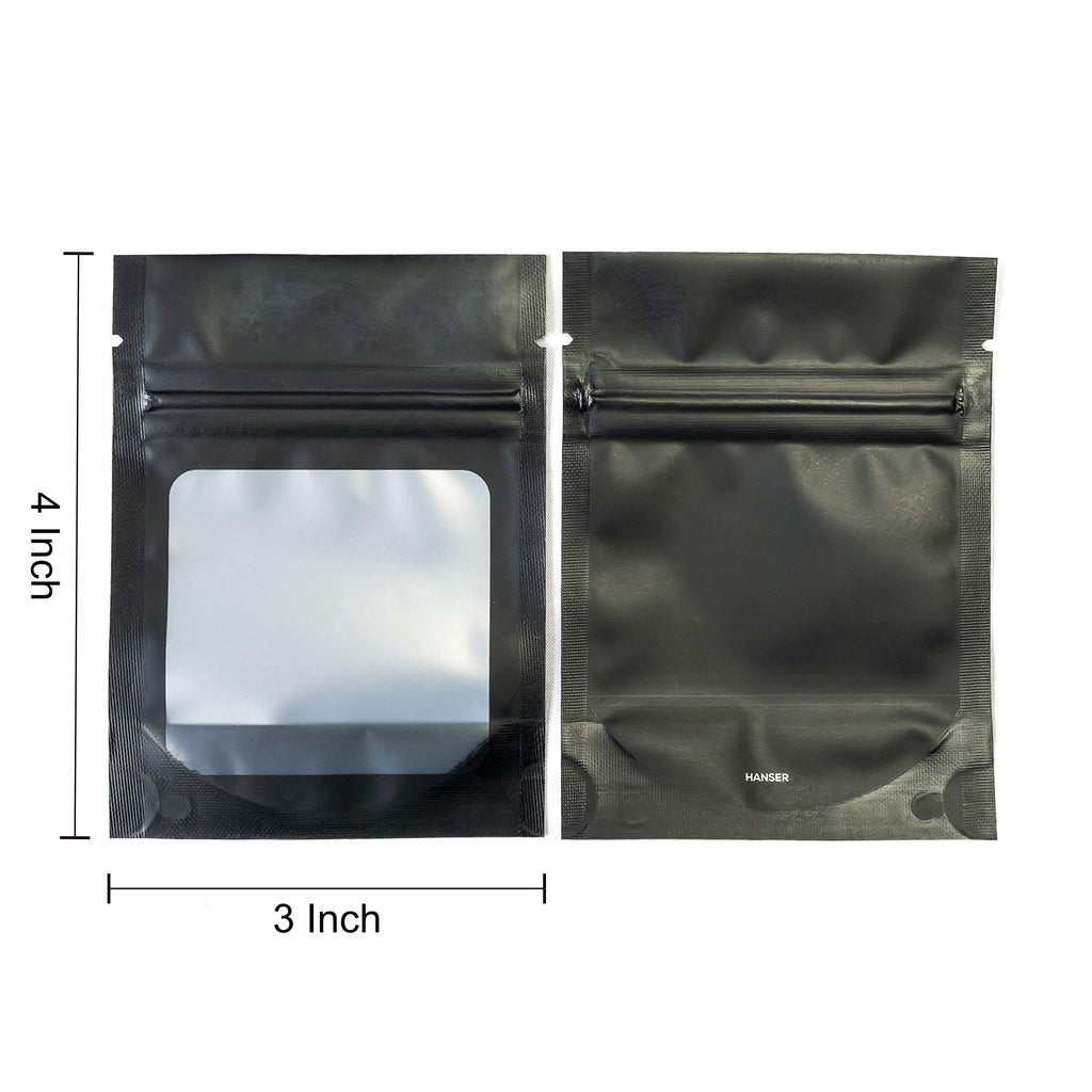 HANSER | Smell Proof Odorless Mylar Resealable Foil Pouch Bags with clear Window | Stand up bottom | Airtight | matte black | 100 Pieces | 4x6 inches