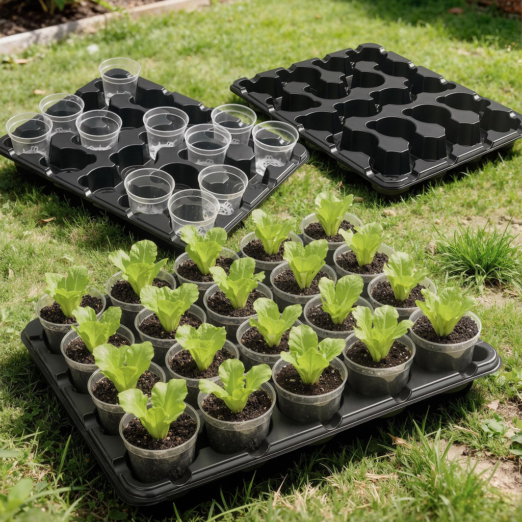 4 Pack 20 Cell Seed Starting Trays with 4 Vented Humidity Domes | Compatible with standard 3 inch nursery pots. Thick reusable trays have deep cells, raised bases and adjustable dome vents.