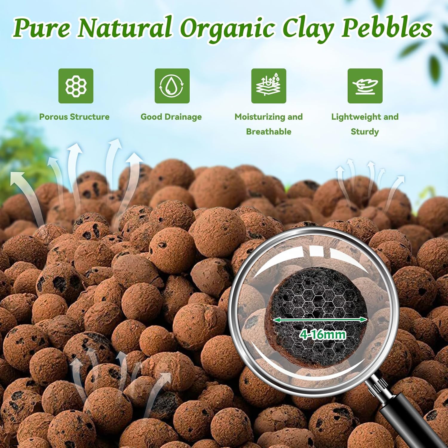 Riare 16LB Organic Leca Clay Pebbles for Plants, 4-16mm Drainage Leca Balls | Reusable, Aeration Lightweight Clay Balls, Moisture Retention for Hydroponics, Orchids, Succulents, Terrariums, Propagation