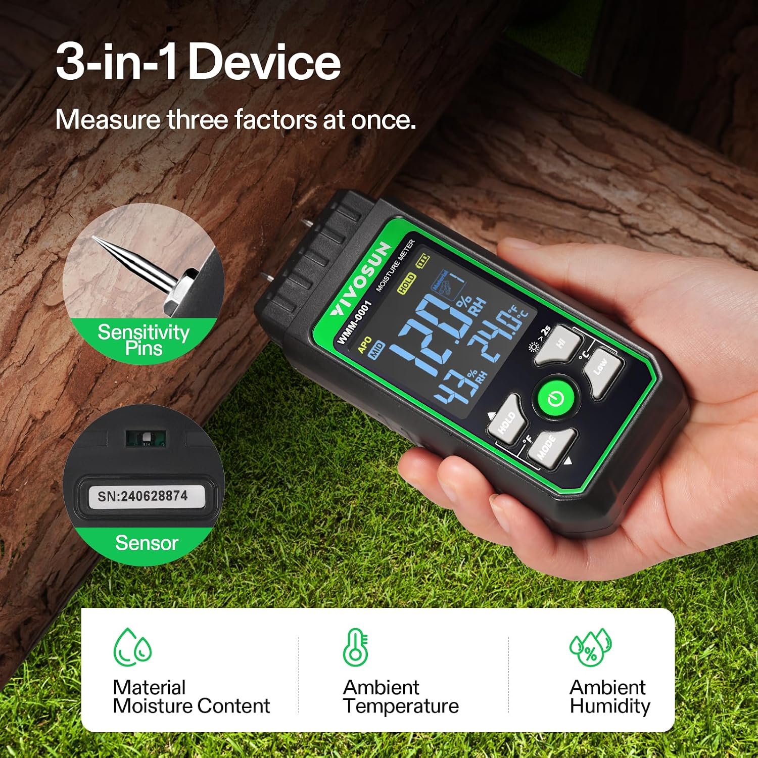 VIVOSUN Wood Moisture Meter, 3-In-1 Pin-Type Digital Moisture Tester, Ambient Temp & Humidity Tester, 7 Modes, Color Backlit Screen, for Wood, Walls, Bricks, Dried Flowers
