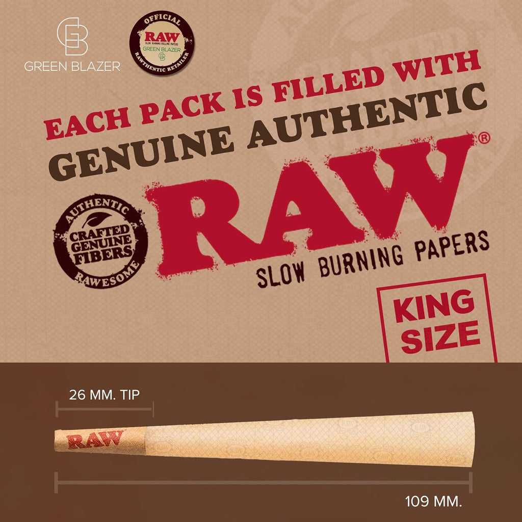 RAW Cones Classic King: 50 Pack, Pre Rolled Cones Rolling Papers, 109 mm | Food Grade Container, Green Blazer Preroll Loader, Patented Slow Burn, All Natural RAWthentic, Rolling Papers & With Tips