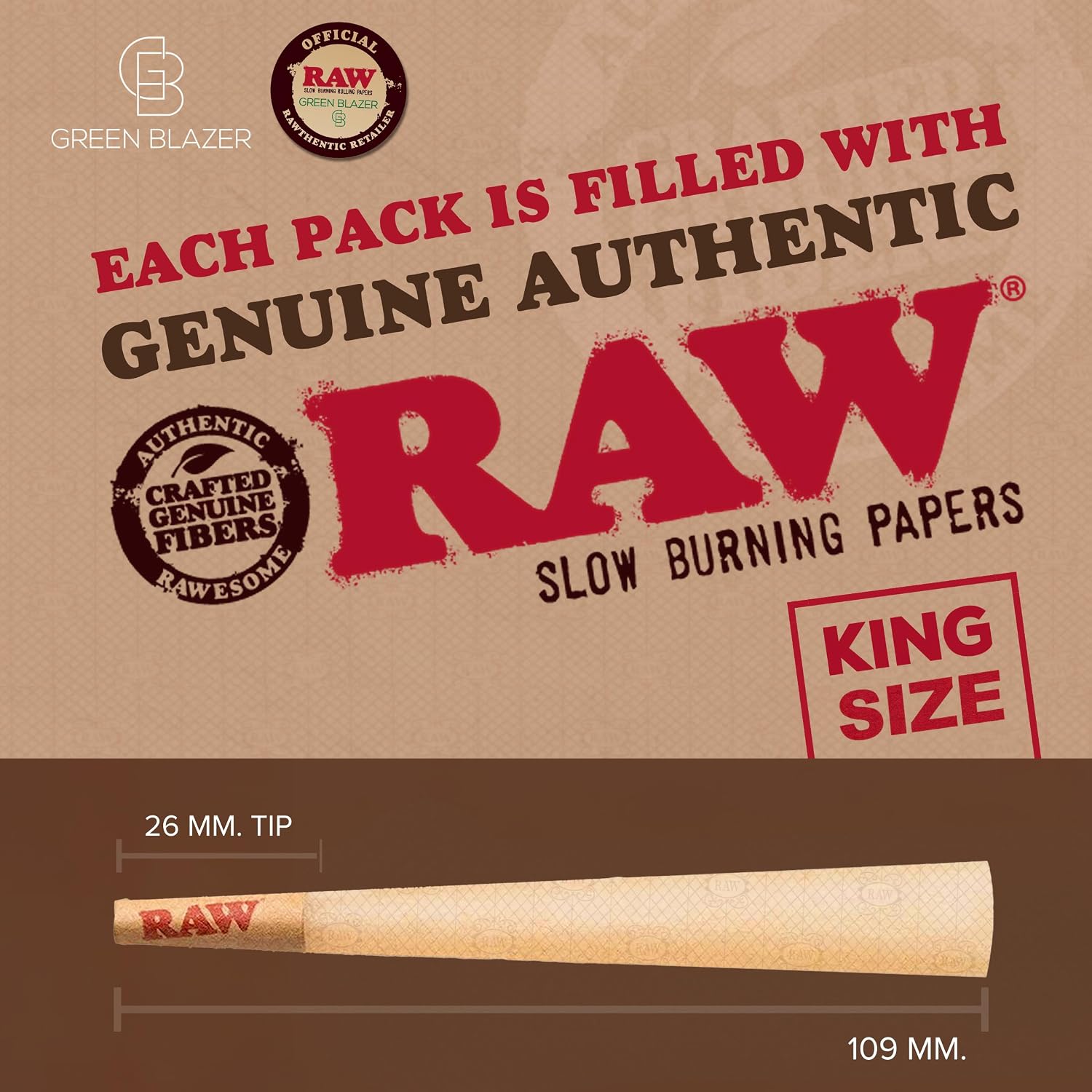 RAW Cones Classic King: 50 Pack, Pre Rolled Cones Rolling Papers, 109 mm | Food Grade Container, Green Blazer Preroll Loader, Patented Slow Burn, All Natural RAWthentic, Rolling Papers & With Tips