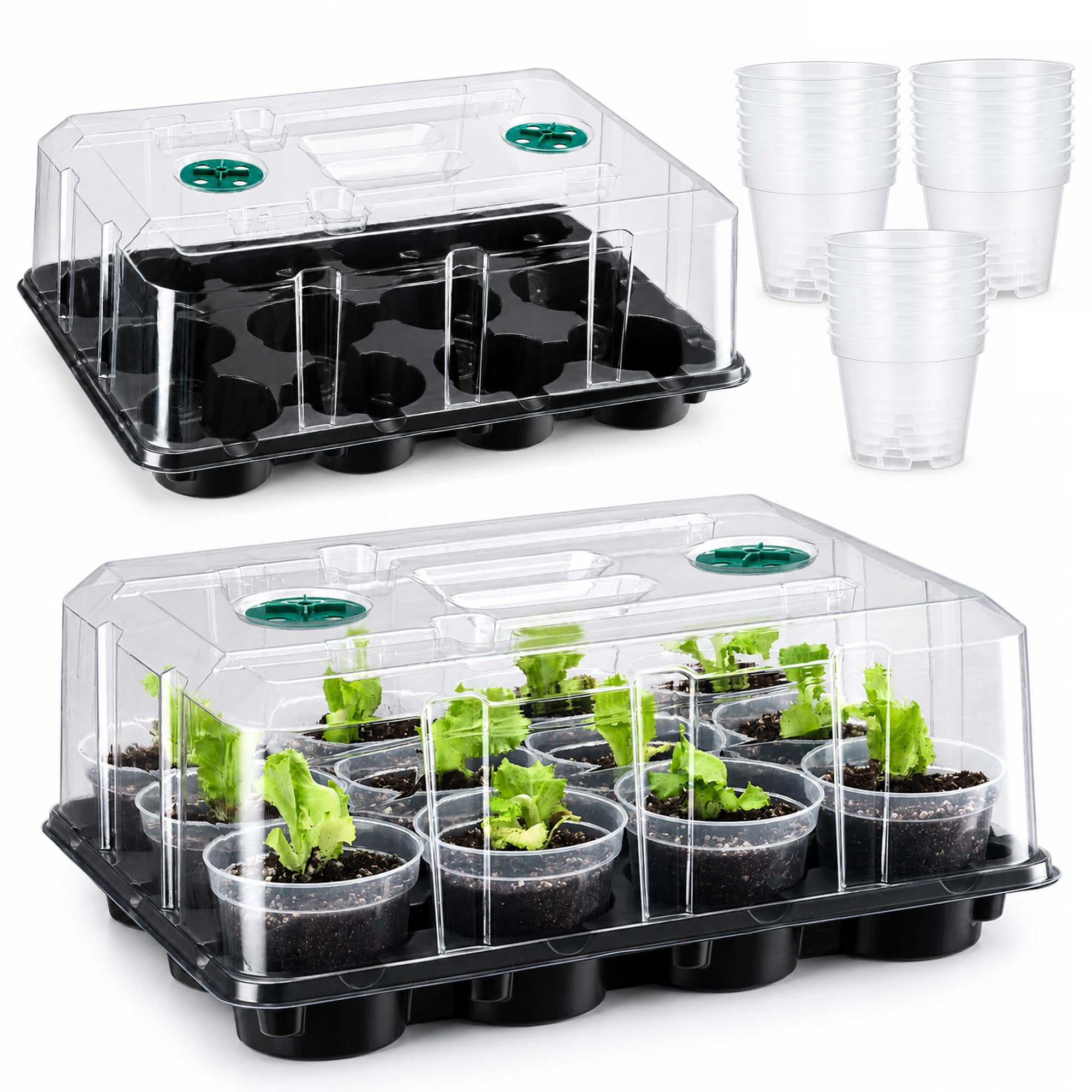 4 Pack 20 Cell Seed Starting Trays with 4 Vented Humidity Domes | Compatible with standard 3 inch nursery pots. Thick reusable trays have deep cells, raised bases and adjustable dome vents.
