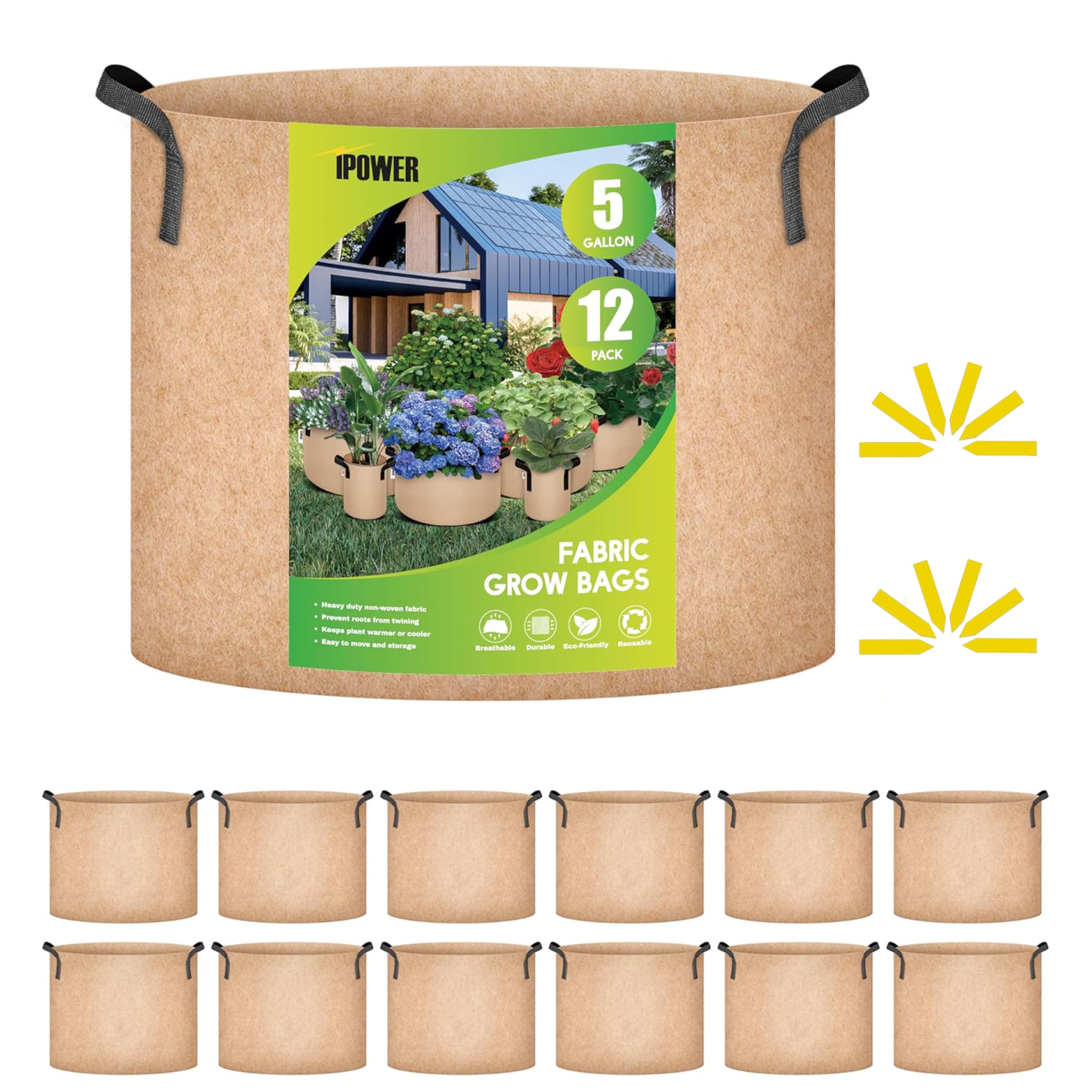iPower 24-Pack 3 Gallon Grow Bags Heavy Duty Thickened Aeration Nonwoven Fabric Pots with Nylon Handles and 24 Labels for Planting Vegetables, Fruits, Flowers, Black