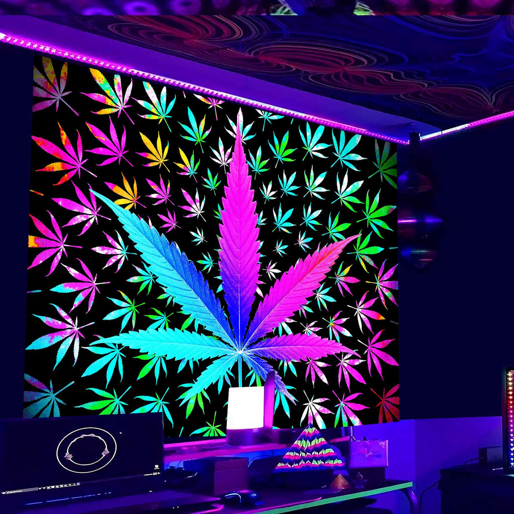 VEIGIKE Cool Trippy Weed Tapestry, Neon Tie Dye Marijuana Leaf Cannabis Art Tapestry Wall Hanging for Men Bedroom, Colourful Blacklight Tapestries Poster Blanket College Dorm Home Decor (90X70)