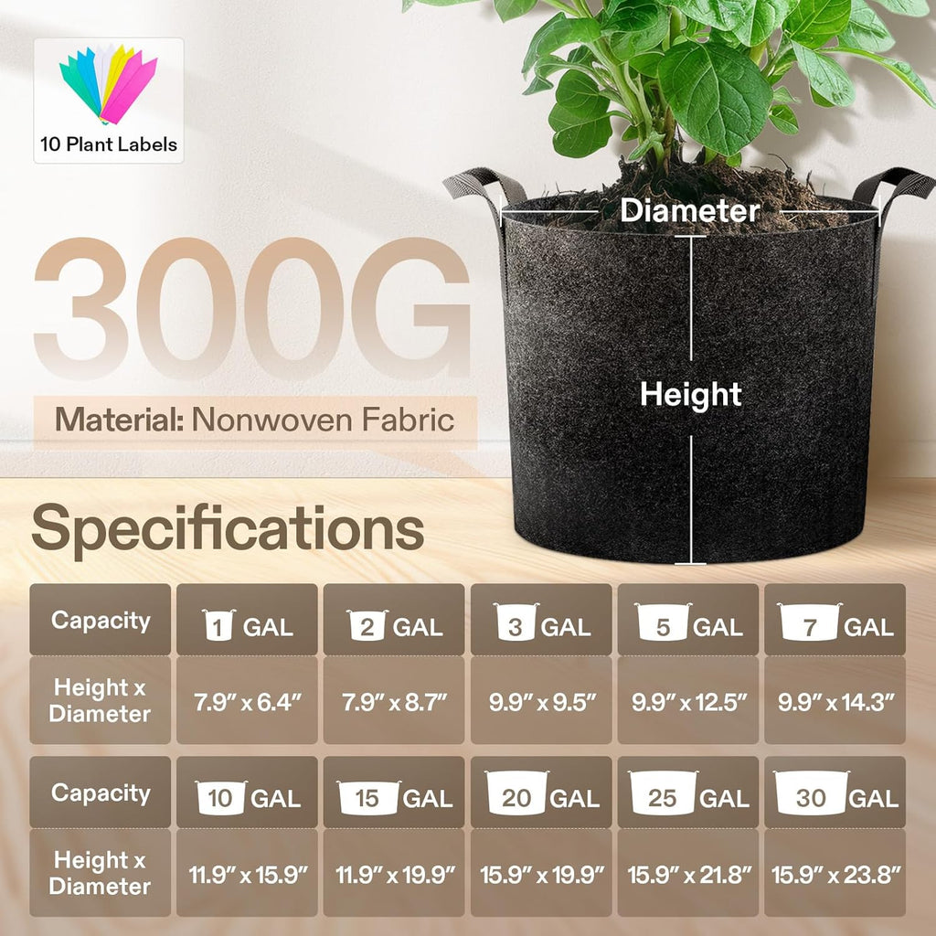 VIVOSUN 5-Pack 3 Gallon Plant Grow Bags Heavy Duty Thickened Nonwoven Fabric Pots with Handles | 300G Thickened Nonwoven Fabric, Excellent Drainage, Healthy Root Growth, BPA-Free, Reusable