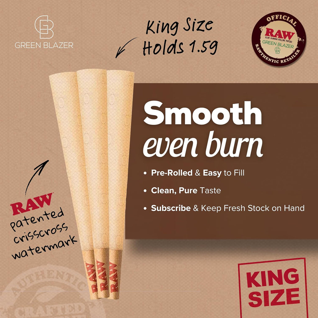 RAW Cones Classic King: 50 Pack, Pre Rolled Cones Rolling Papers, 109 mm | Food Grade Container, Green Blazer Preroll Loader, Patented Slow Burn, All Natural RAWthentic, Rolling Papers & With Tips