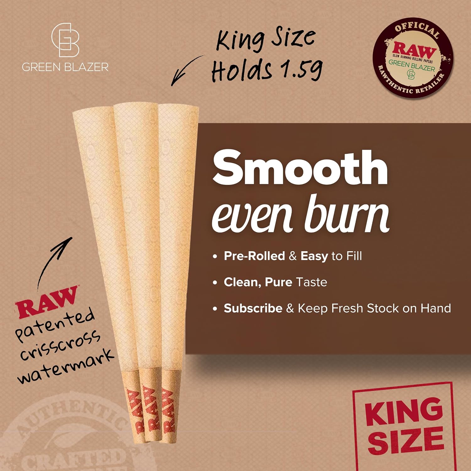RAW Cones Classic King: 50 Pack, Pre Rolled Cones Rolling Papers, 109 mm | Food Grade Container, Green Blazer Preroll Loader, Patented Slow Burn, All Natural RAWthentic, Rolling Papers & With Tips