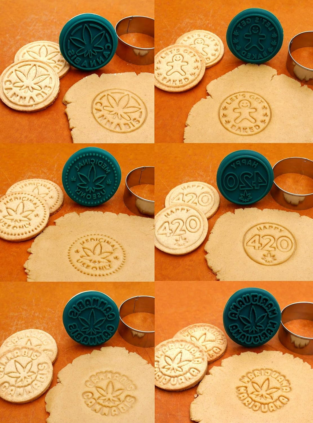 Marijuana Silicone Cookie Stamps, Stainless Steel Cookie Cutter, Wood Handle, Party Novelty Gift, 6 Stamp Set