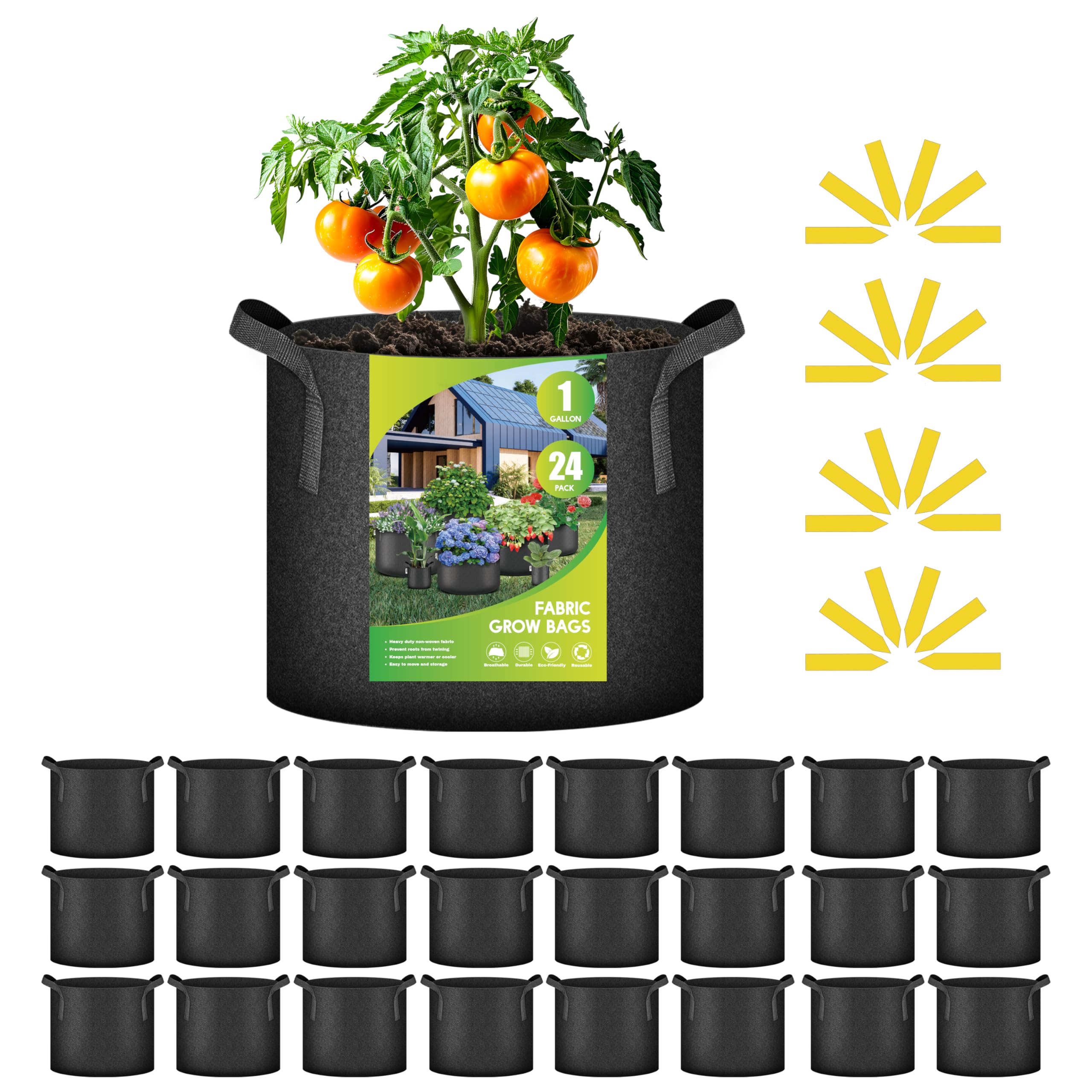 iPower 24-Pack 3 Gallon Grow Bags Heavy Duty Thickened Aeration Nonwoven Fabric Pots with Nylon Handles and 24 Labels for Planting Vegetables, Fruits, Flowers, Black