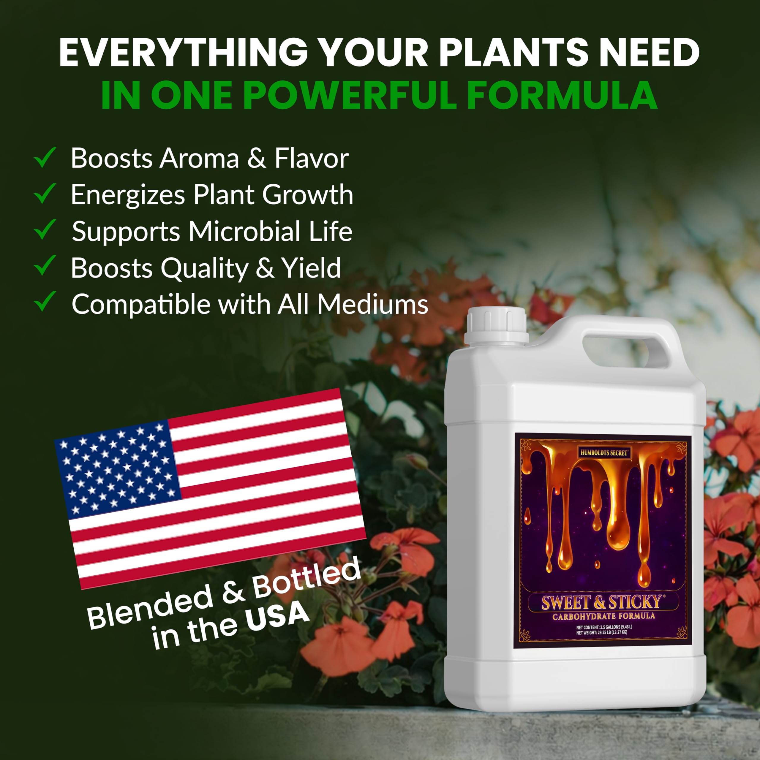 Humboldts Secret Sweet & Sticky Carbohydrate and Saccharide Plant Energy Additive | Indoor and Outdoor Plant Nutrients Enhancer for Growth and Aroma | Boosts Flavor and Development | 1 Gallon