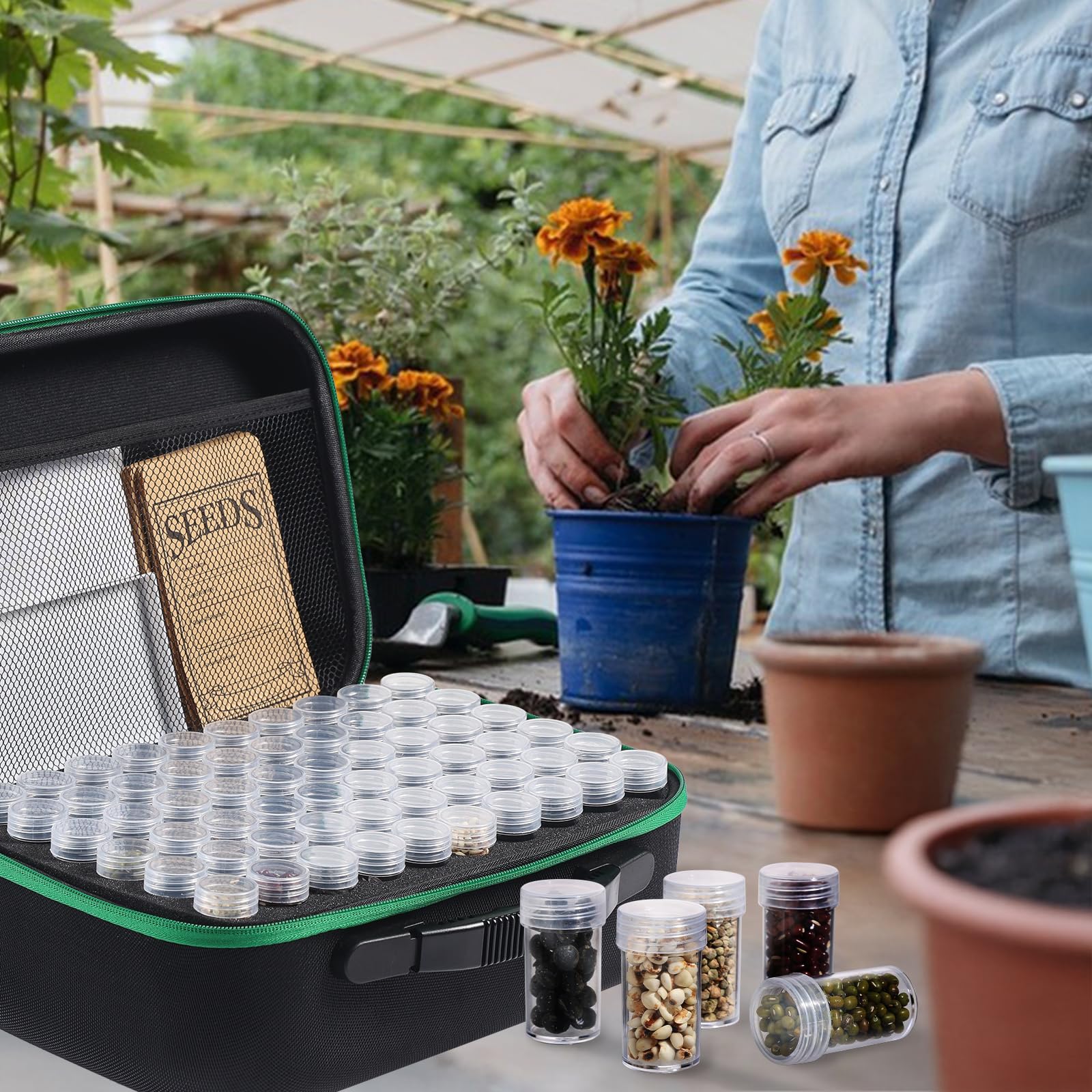 Douorgan Seed Storage Box, Portable Seed Saving Box, Sturdy Seed Organizer Kit Seed Envelopes Funnel Label, Seed Container for Flower Plants Vegetable Seed, M-60 Slots