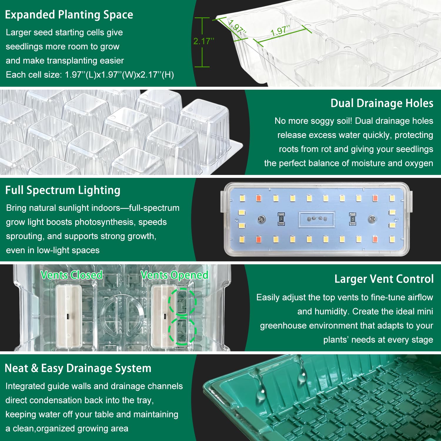 Seed Starter Tray with Grow Light (2x 24-LED), 2 Pack for Seed Starting | Seed Starter Kit with Humidity Domes and Timing Controller, Adjustable Brightness, Reusable Thicken Seedling Starter