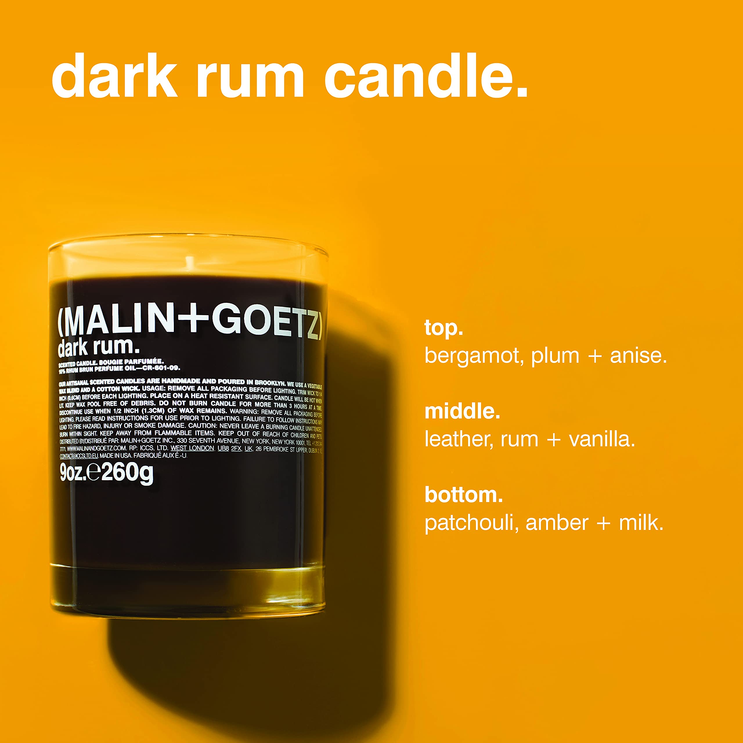 MALIN+GOETZ 9oz Scented Candle | Hand-Poured Soy Wax with Unique Fragrance Blends | Clean-Burning, Vegan & Cruelty-Free | Bergamot, Sage, Otto, Tomato, Strawberry, Cannabis, Dark Rum & Leather