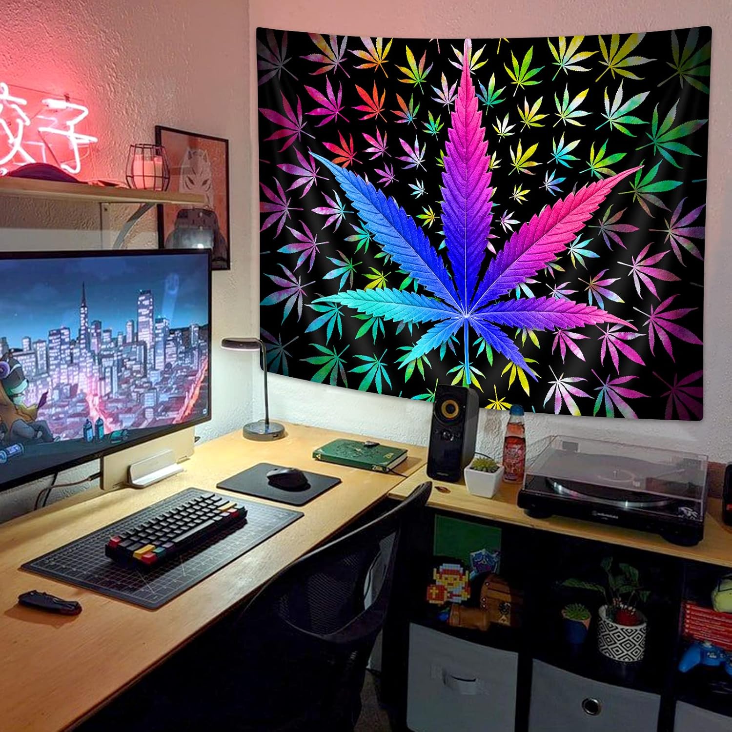 VEIGIKE Cool Trippy Weed Tapestry, Neon Tie Dye Marijuana Leaf Cannabis Art Tapestry Wall Hanging for Men Bedroom, Colourful Blacklight Tapestries Poster Blanket College Dorm Home Decor (90X70)