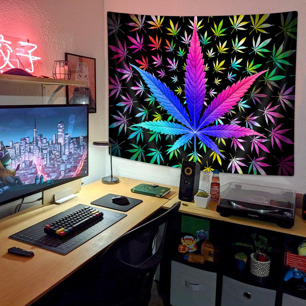 VEIGIKE Cool Trippy Weed Tapestry, Neon Tie Dye Marijuana Leaf Cannabis Art Tapestry Wall Hanging for Men Bedroom, Colourful Blacklight Tapestries Poster Blanket College Dorm Home Decor (90X70)
