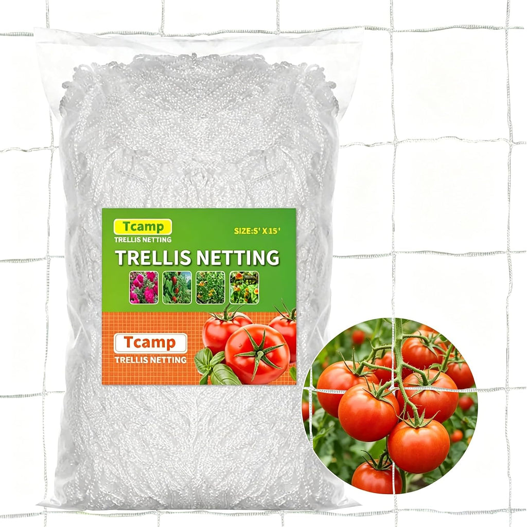 Tcamp Heavy-Duty Polyester Garden Trellis Netting, 5Ft x15Ft (1 Pack) | 3.5" Opening Mesh Plant Climbing Net for Growing Vines Plants Vegetables Fruits Flowers, White Grow Tent