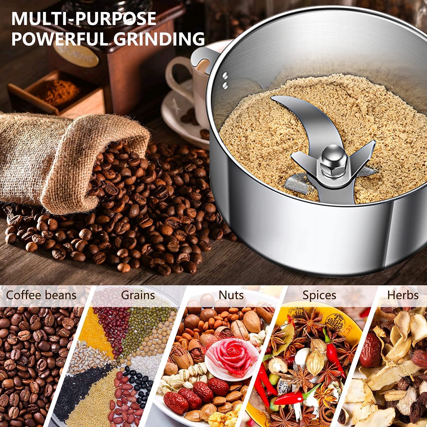 Electric Grain Grinder Mill 1000g High-speed Spice Herb Mill Commercial Powder Machine for Dry Cereals Grain Herb Spice Coffee Corn Bean (1000g Stand Type)