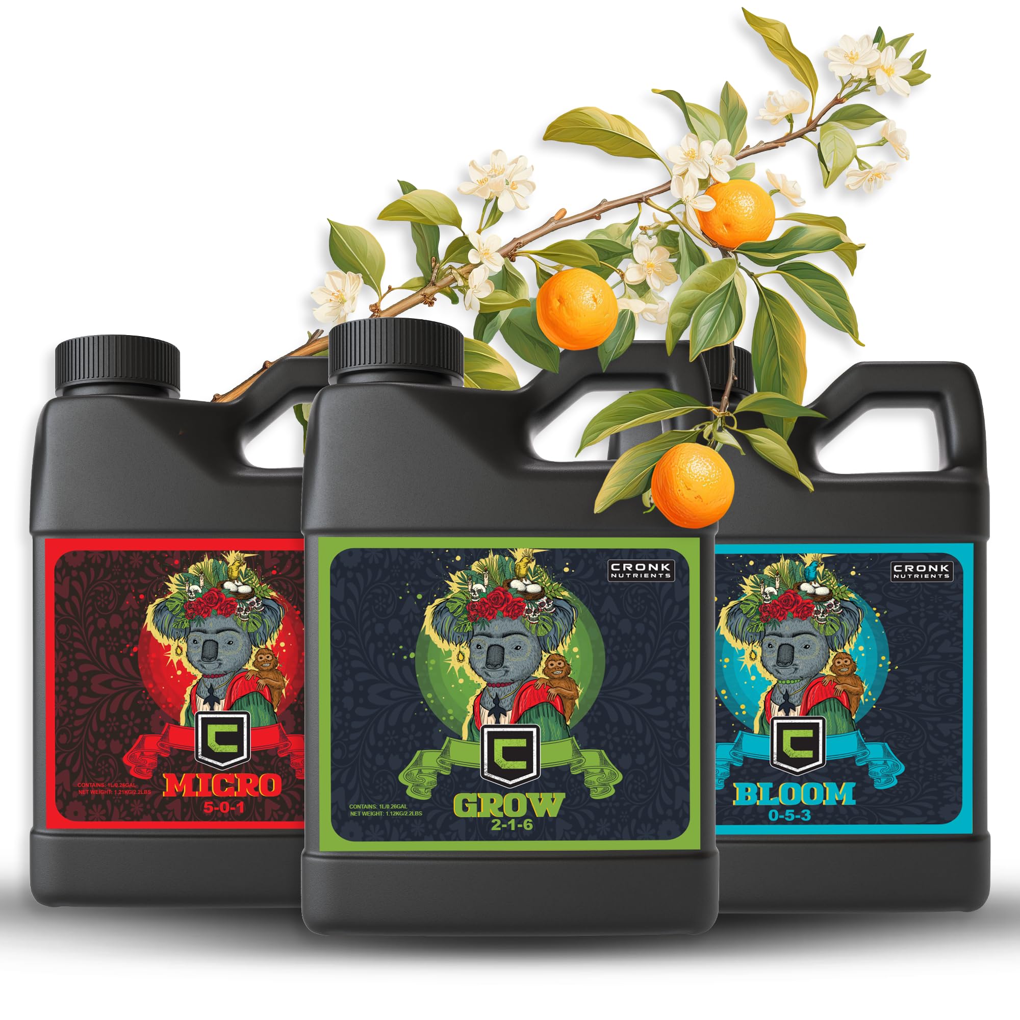Cronk Nutrients 3-Part Kit: Micro, Grow & Bloom Base Fertilizers, 3 x 1L | Optimal Indoor & Outdoor Plant Growth - Hydroponics, Soil, Soilless Gardens - Supports Abundant Blooms