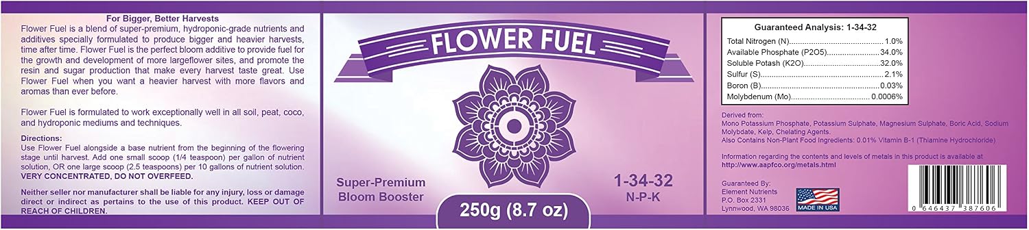 Bloom Booster and Yield Enhancer for Plants - Big, Heavy, Healthy Harvests, for Use in Soil and Hydroponics - Concentrated Phosphorus and Potassium - Flower Fuel 1-34-32, 250g