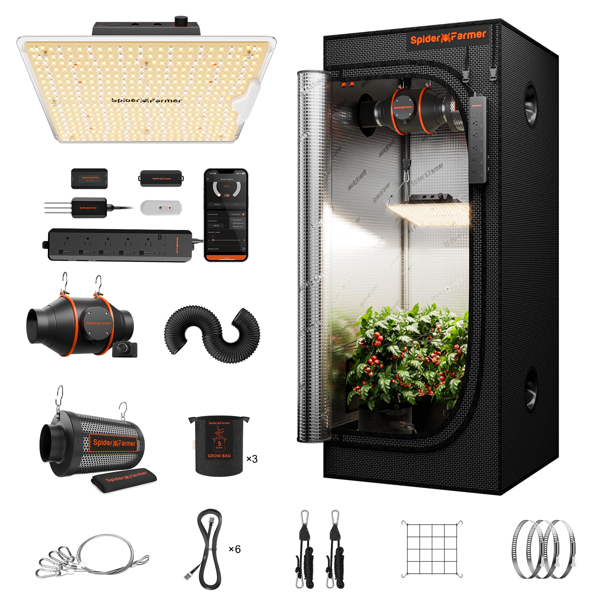 Spider Farmer Grow Tent Kit 2.3 X 2.3ft Complete System with GGS Controller | G1500 150W Dimmable Full Spectrum LED Grow Light, 28"X28"X63" Indoor 1680D Mylar Grow Tent, 4" Ventilation Carbon Filter Set