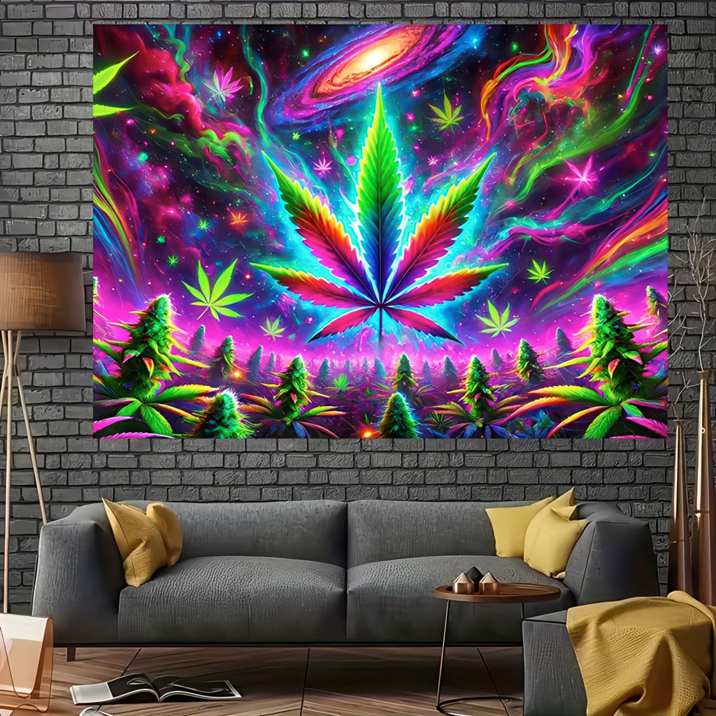 BlissYard Blacklight Tapestry Cannabis Leaf Bedroom Decor 78 x 59 Inch | Cannabis Leaf UV Wall Hanging Smoking Neon Backdrop for Bedroom Party Dorm Style