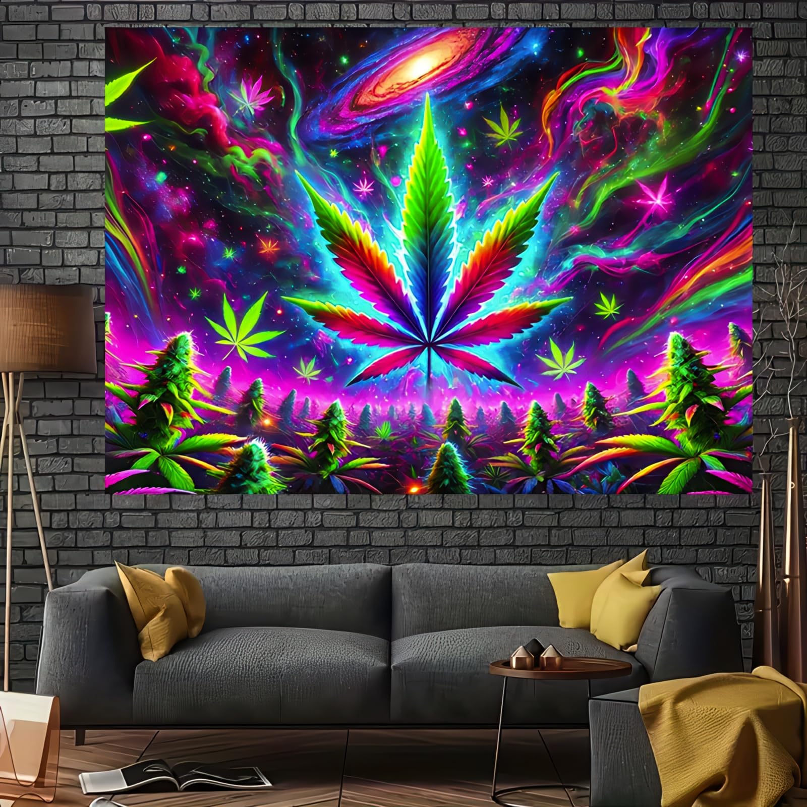 BlissYard Blacklight Tapestry Cannabis Leaf Bedroom Decor 78 x 59 Inch | Cannabis Leaf UV Wall Hanging Smoking Neon Backdrop for Bedroom Party Dorm Style