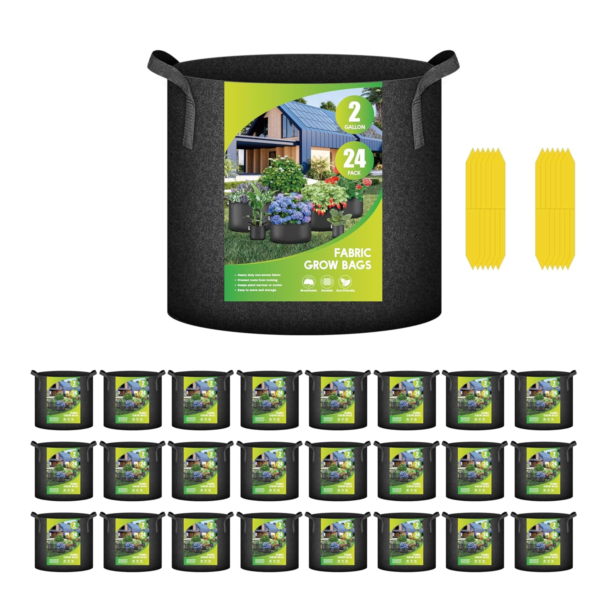 iPower 24-Pack 3 Gallon Grow Bags Heavy Duty Thickened Aeration Nonwoven Fabric Pots with Nylon Handles and 24 Labels for Planting Vegetables, Fruits, Flowers, Black
