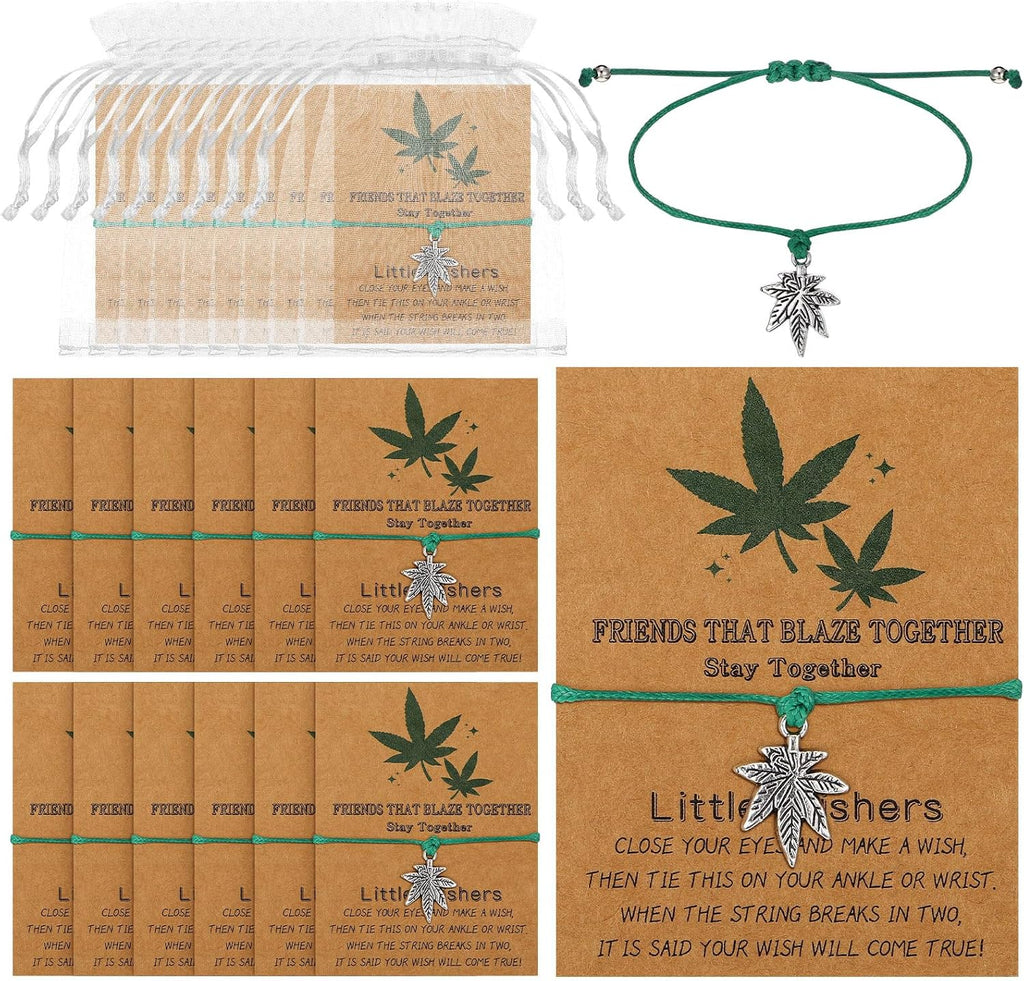 Equsion 12 Sets 420 Weed Gift Weed Bracelets with 12 Card 12 Organza Bags Leaf Pendant Bracelets 420 Party Favors for Women Men Jamaica Favors for Adults Party Accessories