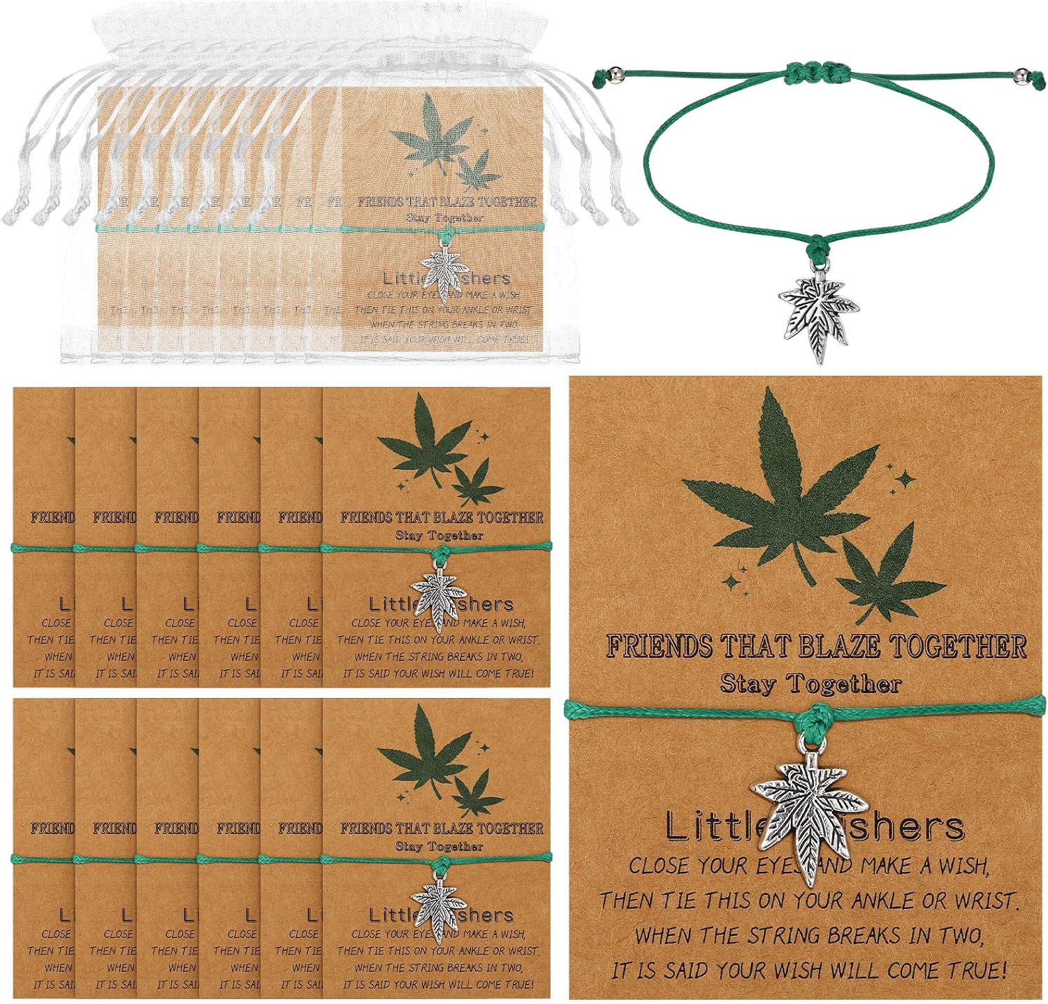 Equsion 12 Sets 420 Weed Gift Weed Bracelets with 12 Card 12 Organza Bags Leaf Pendant Bracelets 420 Party Favors for Women Men Jamaica Favors for Adults Party Accessories