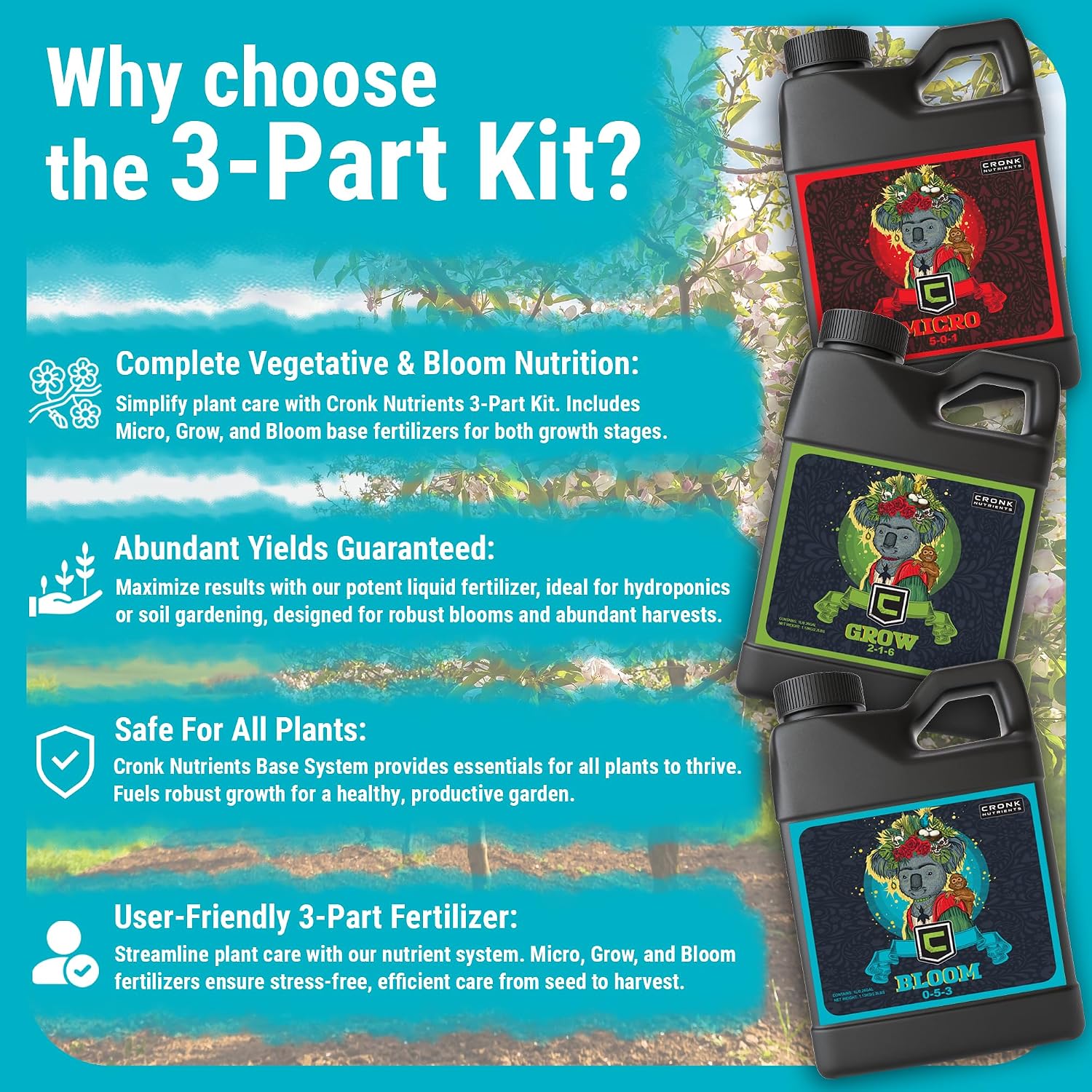 Cronk Nutrients 3-Part Kit: Micro, Grow & Bloom Base Fertilizers, 3 x 1L | Optimal Indoor & Outdoor Plant Growth - Hydroponics, Soil, Soilless Gardens - Supports Abundant Blooms