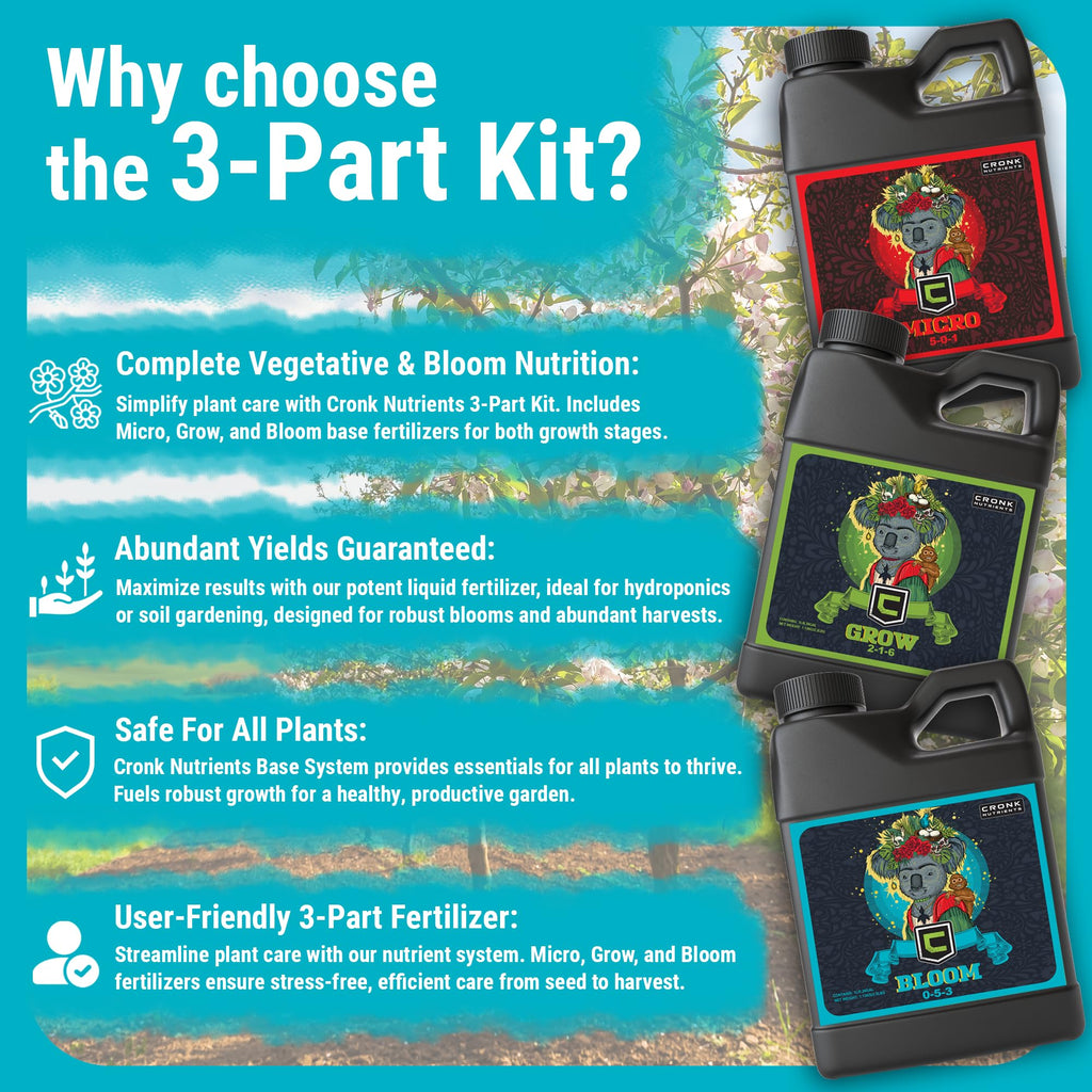 Cronk Nutrients 3-Part Kit: Micro, Grow & Bloom Base Fertilizers, 3 x 1L | Optimal Indoor & Outdoor Plant Growth - Hydroponics, Soil, Soilless Gardens - Supports Abundant Blooms