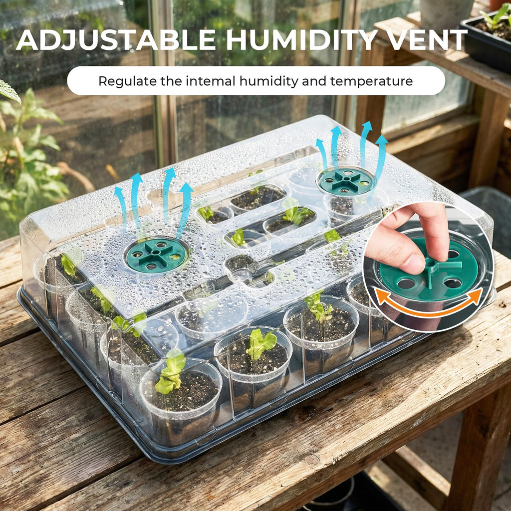 4 Pack 20 Cell Seed Starting Trays with 4 Vented Humidity Domes | Compatible with standard 3 inch nursery pots. Thick reusable trays have deep cells, raised bases and adjustable dome vents.