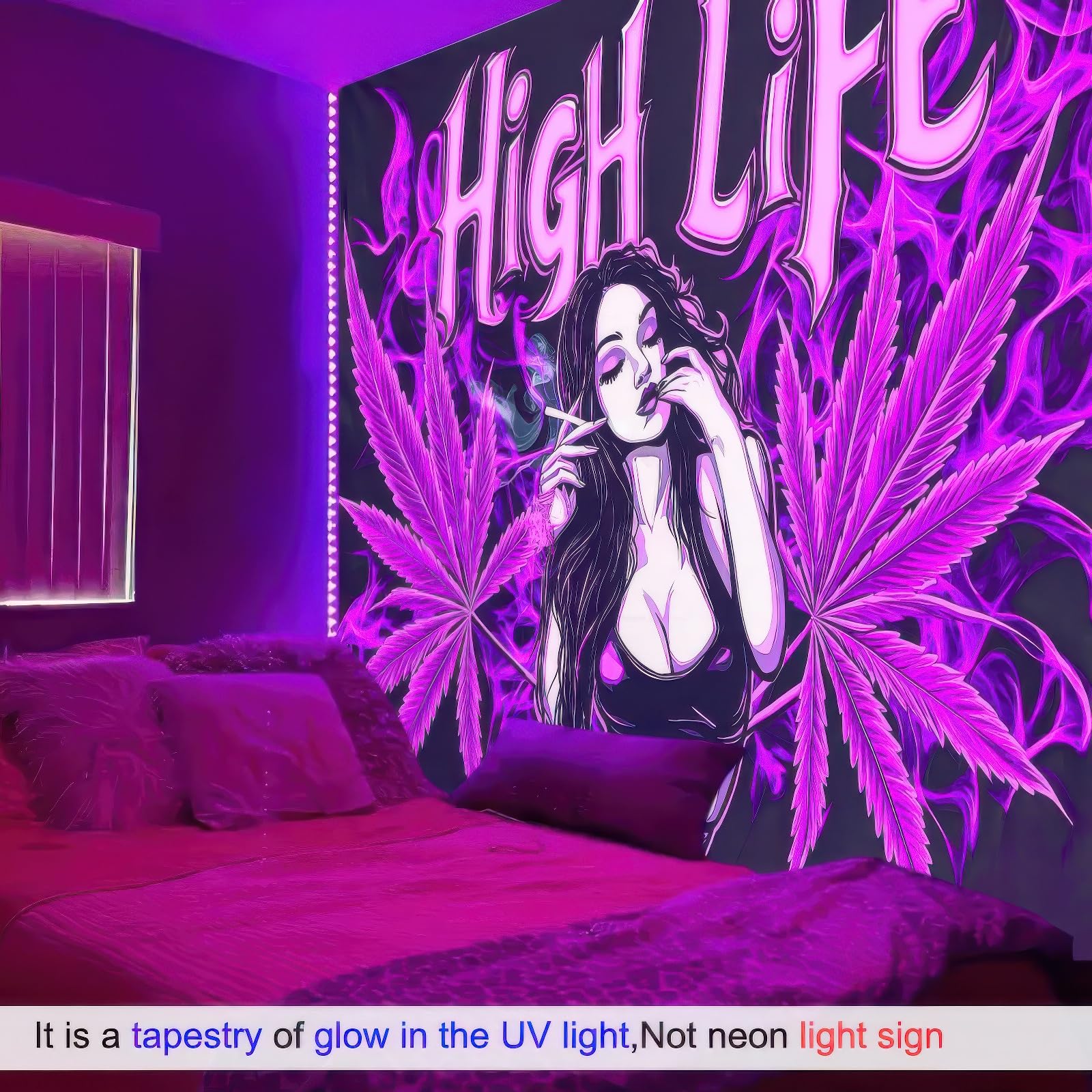 BlissYard Blacklight Tapestry Cannabis Leaf Bedroom Decor 78 x 59 Inch | Cannabis Leaf UV Wall Hanging Smoking Neon Backdrop for Bedroom Party Dorm Style