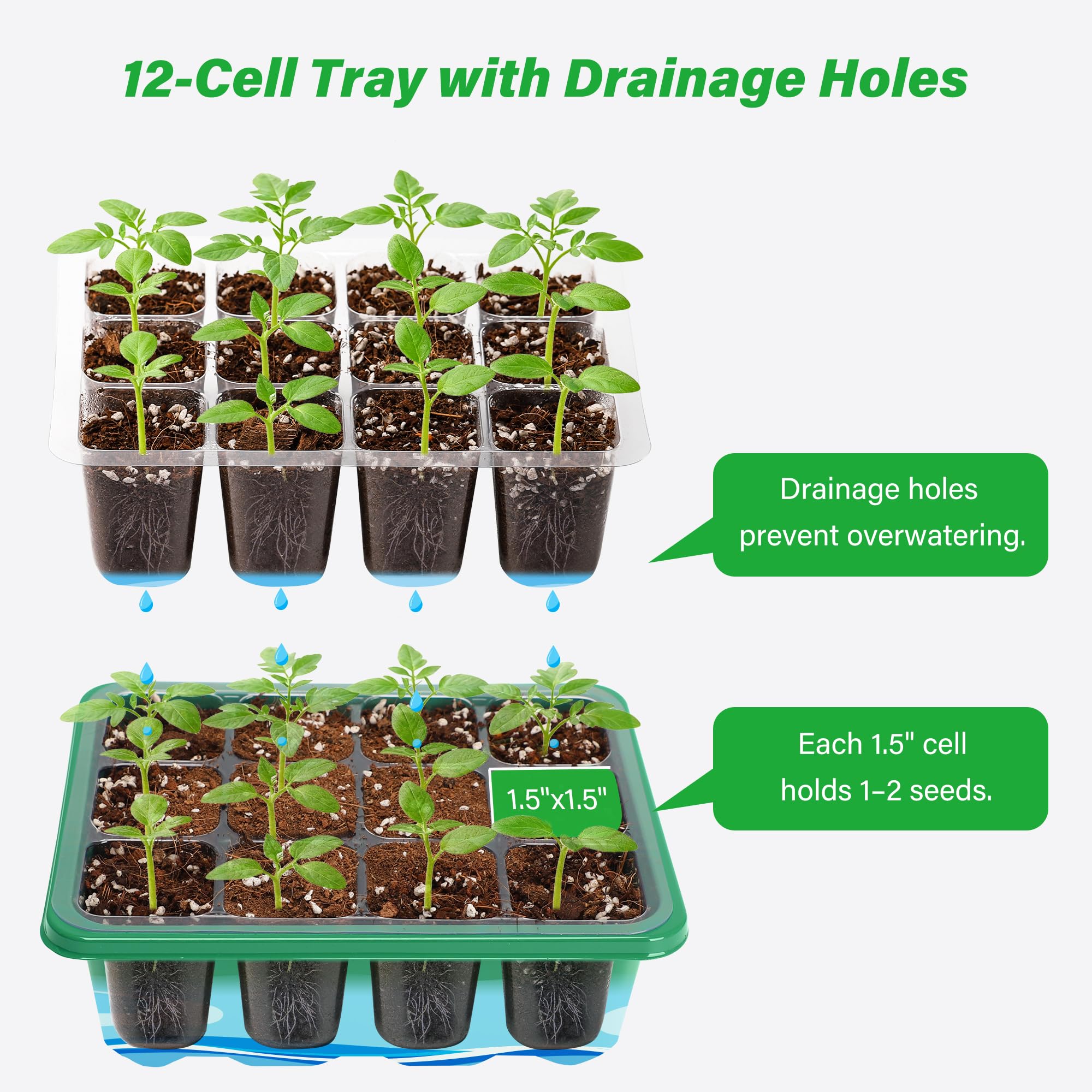 10-Pack Seed Starter Trays, Tall Dome, Base, 12-Cell Tray, Clear | 10 Seedling Kits with Tall Domes for Large Seed Starting. Adjustable Vents, Clear Trays & Heat Mat Compatibility, Indoor Use