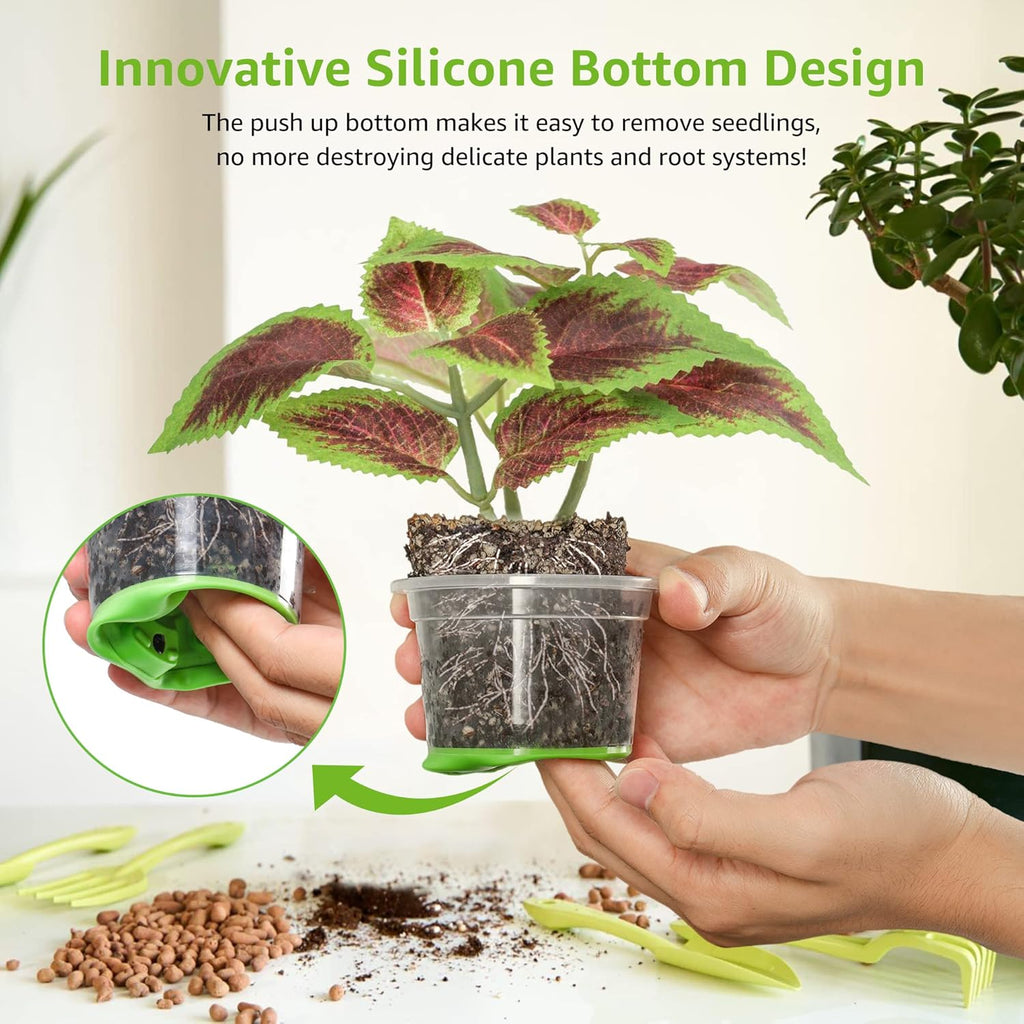 MIXC Clear Nursery Pots with Silicone Base, 4-Inch, 30-Pack | Sturdy Construction, Flexible Base, Drainage Holes, Root and Soil Visibility, Reusable, Seed Starting, Propagation, Green