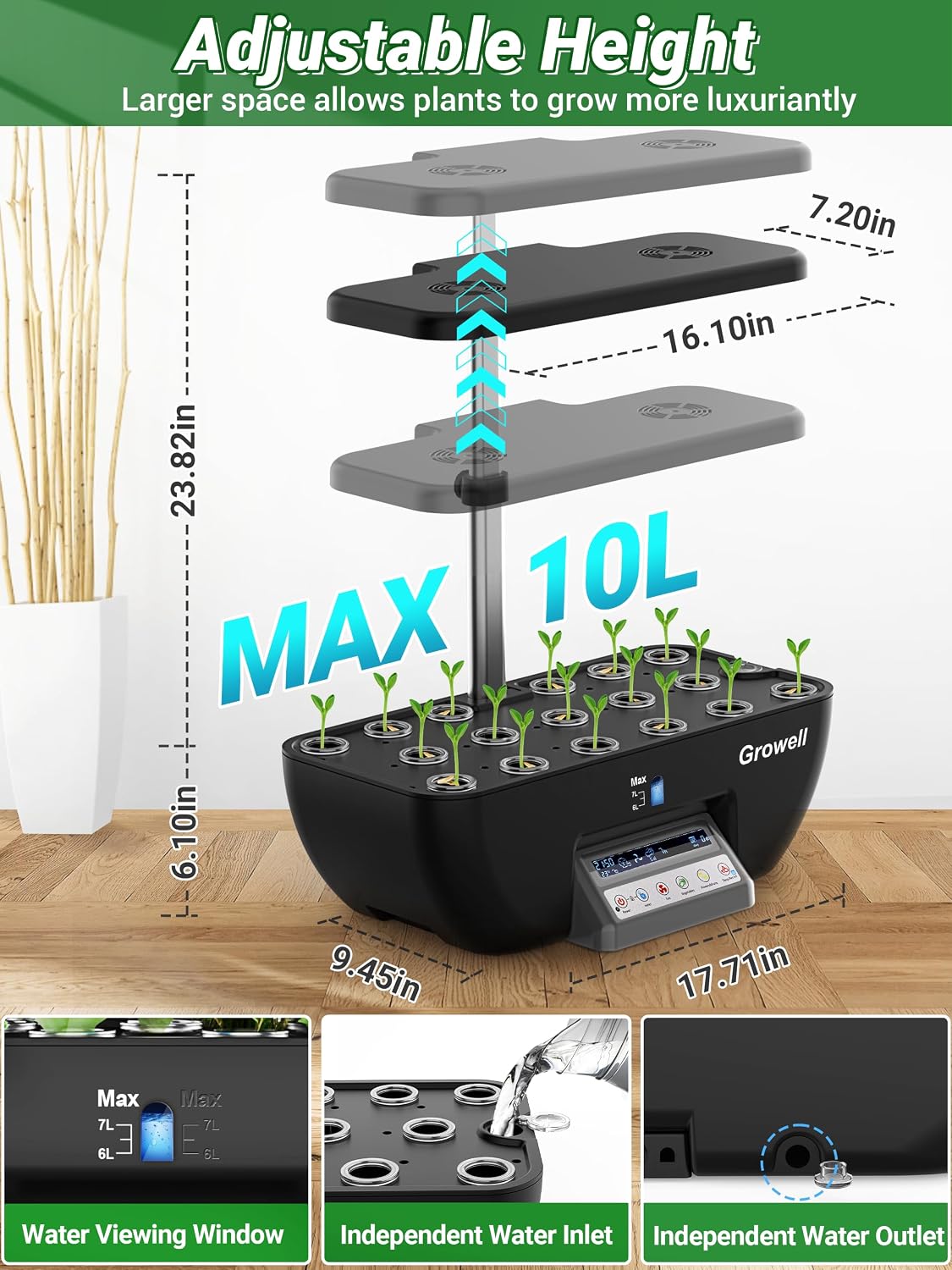 Growell Hydroponics Growing System Kit, 17 Pods Herb Garden with 102 28W Full-Spectrum Grow Lights & 2 Fans, Indoor Garden with Water Pump, 10L Water Tank, Auto Timer, Height Adjustable (Black & Grey)