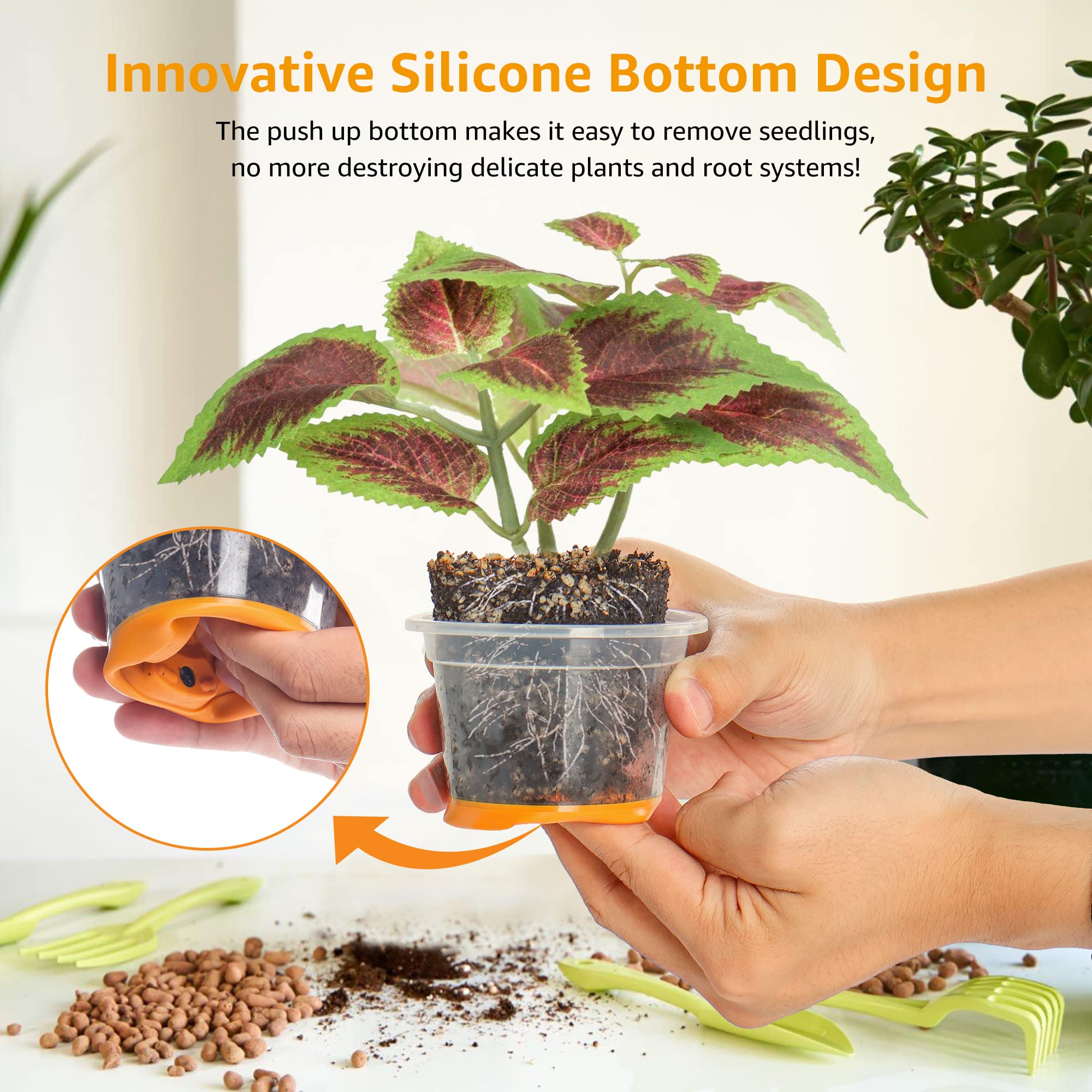 MIXC Clear Nursery Pots with Silicone Base, 4-Inch, 30-Pack | Sturdy Construction, Flexible Base, Drainage Holes, Root and Soil Visibility, Reusable, Seed Starting, Propagation, Green