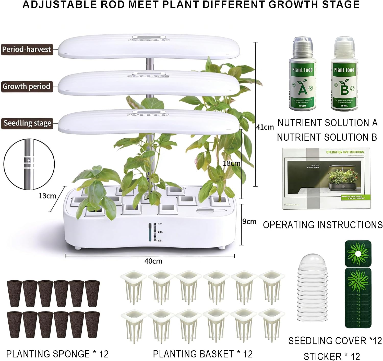Hydroponics Growing System Kit, Soil-Free Indoor Herbs Garden, 12 Pods Plant Growth Equipment with 24W Full Spectrum LED Grow Light, Smart Silent Cycle Water Pump, 3.8L Tank for Gardening