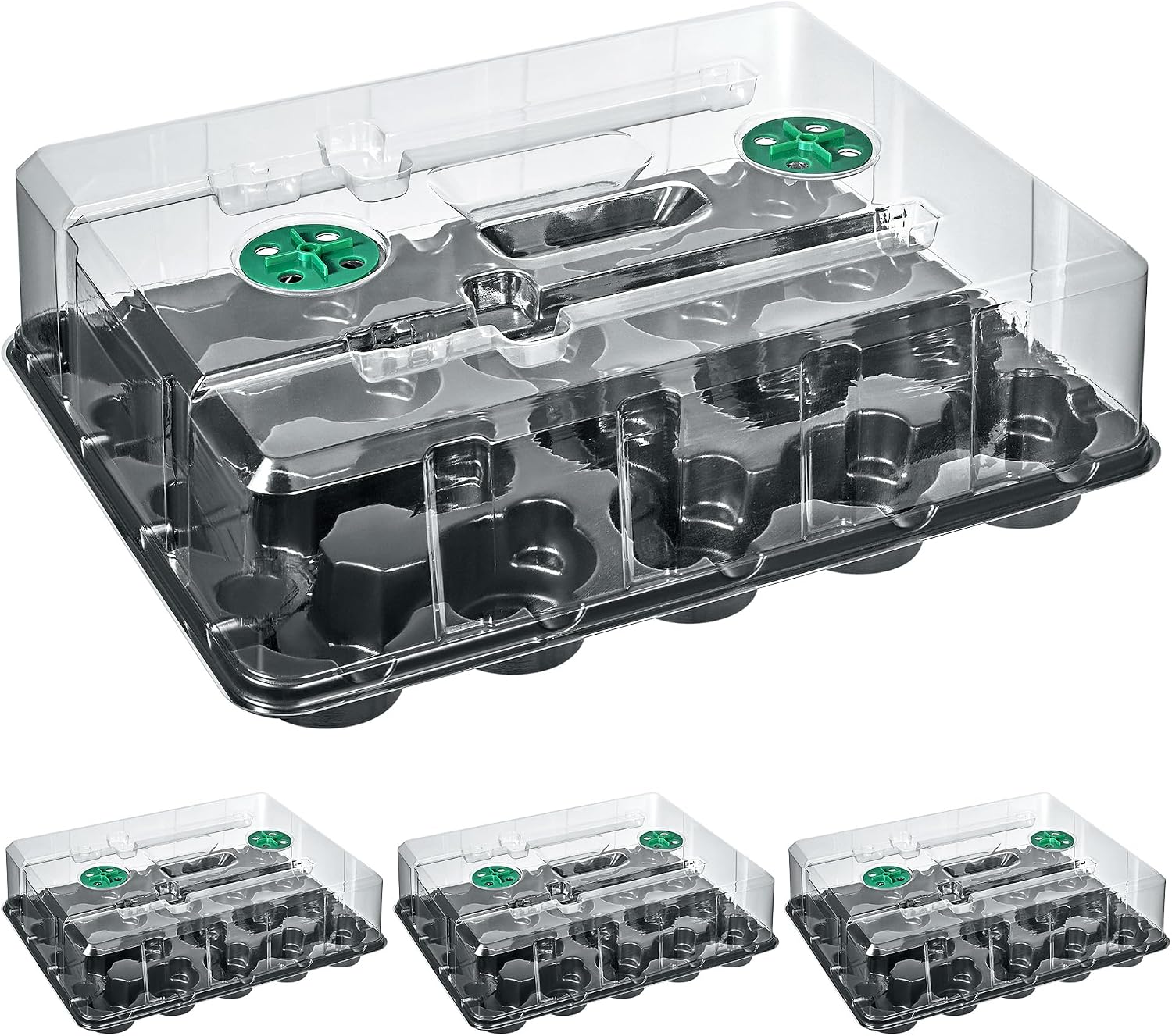 4 Pack 20 Cell Seed Starting Trays with 4 Vented Humidity Domes | Compatible with standard 3 inch nursery pots. Thick reusable trays have deep cells, raised bases and adjustable dome vents.