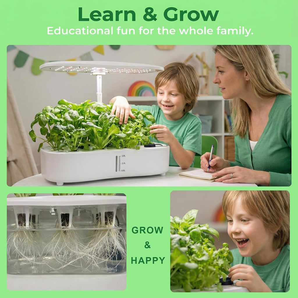 Hydroponics Growing System Kit, Soil-Free Indoor Herbs Garden, 12 Pods Plant Growth Equipment with 24W Full Spectrum LED Grow Light, Smart Silent Cycle Water Pump, 3.8L Tank for Gardening