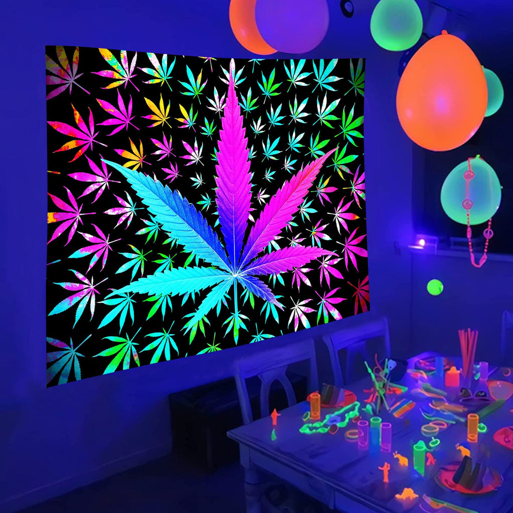 VEIGIKE Cool Trippy Weed Tapestry, Neon Tie Dye Marijuana Leaf Cannabis Art Tapestry Wall Hanging for Men Bedroom, Colourful Blacklight Tapestries Poster Blanket College Dorm Home Decor (90X70)