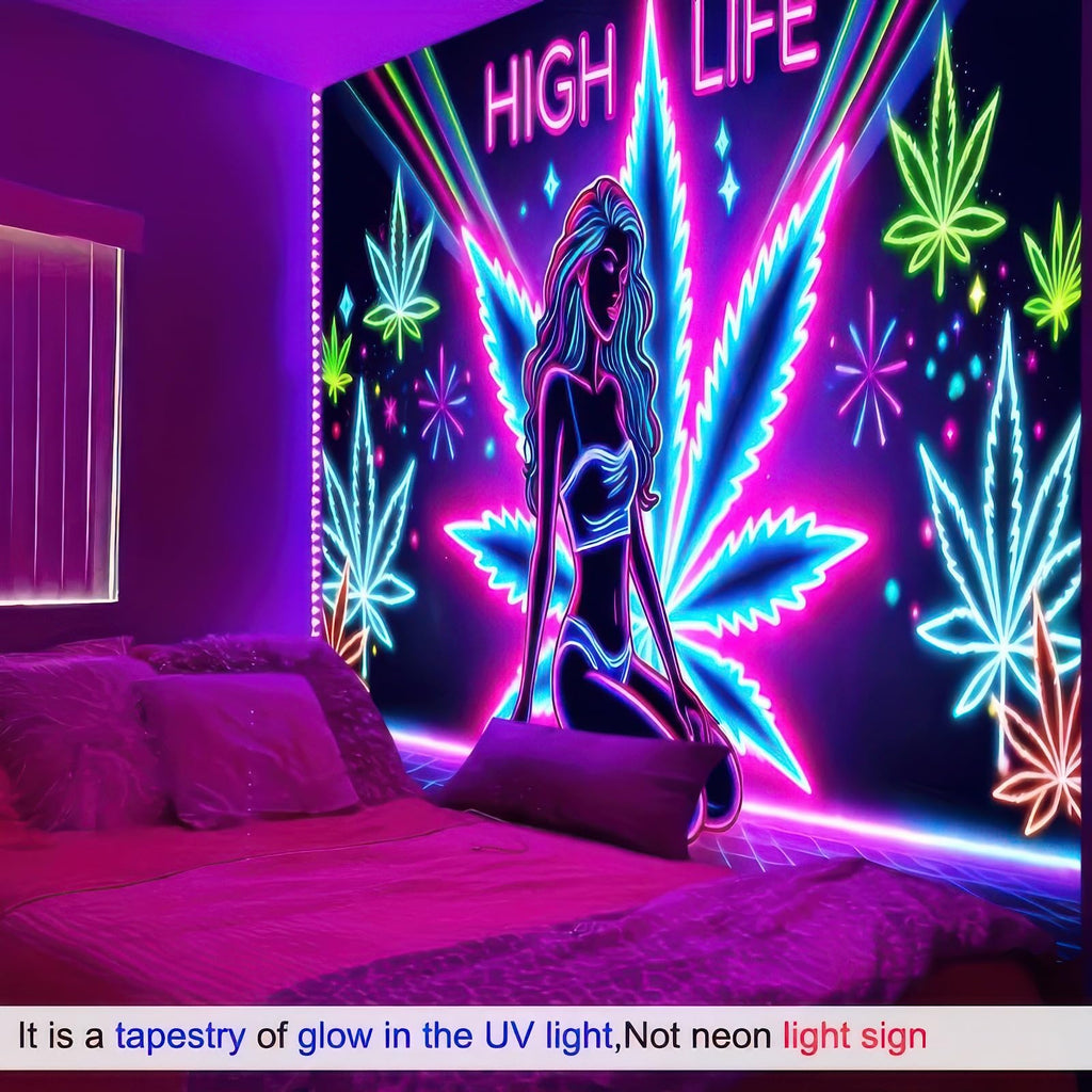 BlissYard Blacklight Tapestry Cannabis Leaf Bedroom Decor 78 x 59 Inch | Cannabis Leaf UV Wall Hanging Smoking Neon Backdrop for Bedroom Party Dorm Style