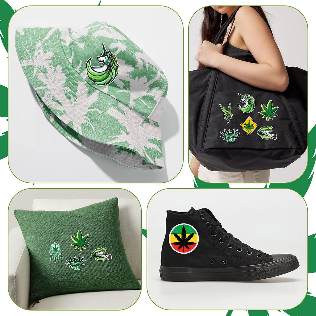 8Pcs Weed Iron on Patches Green Marijuana Leaves Pot Cannabis Smoking Happy 420 Have a Dope Sew on Embroidered Applique Repair Patch DIY Craft Accessories for Stoner Clothing Jacket Jeans Backpack Hat
